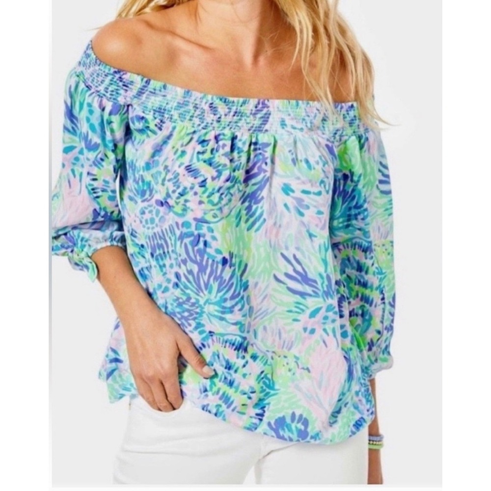 Lilly Pulitzer Maryellen Top Shell of a Party Off Shoulder Smocked Blouse M